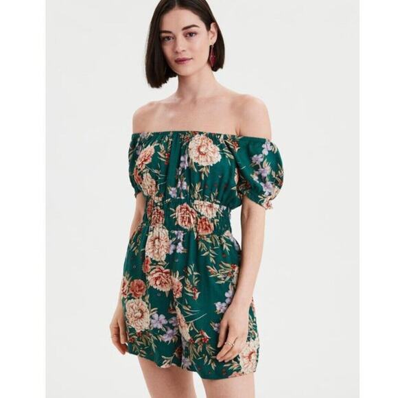 American Eagle Floral Romper Woman Sz Medium Green Peasant Cottagecore Style - Picture 1 of 12